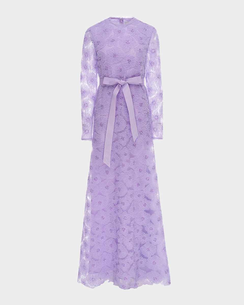 Maurene Beaded Floral Lace Long-Sleeve Maxi Dress